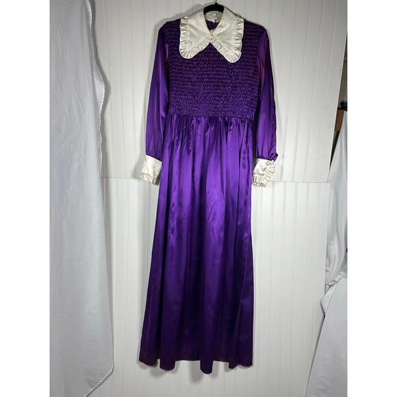 Handmade maxi satin collared smoked purple vintage 70 dress size large housemaid - Picture 1 of 12